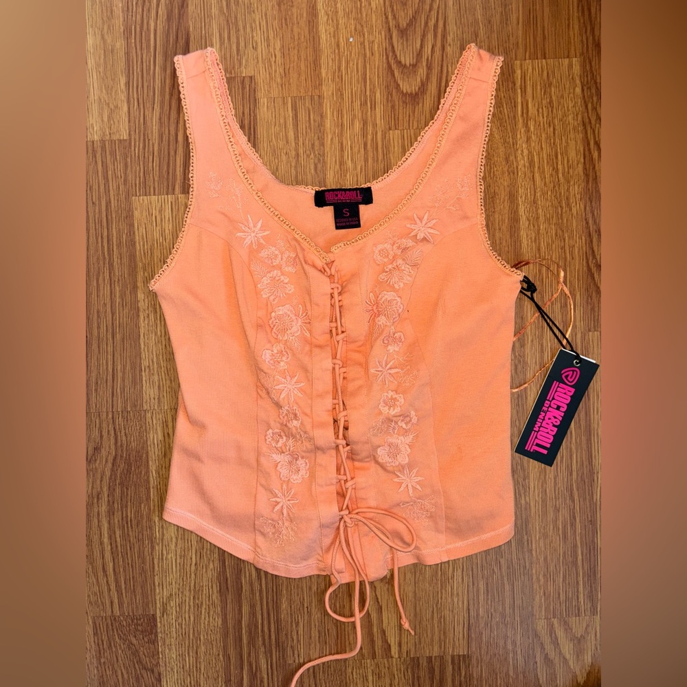 Corral Peach Embroidered Lace-Up Top